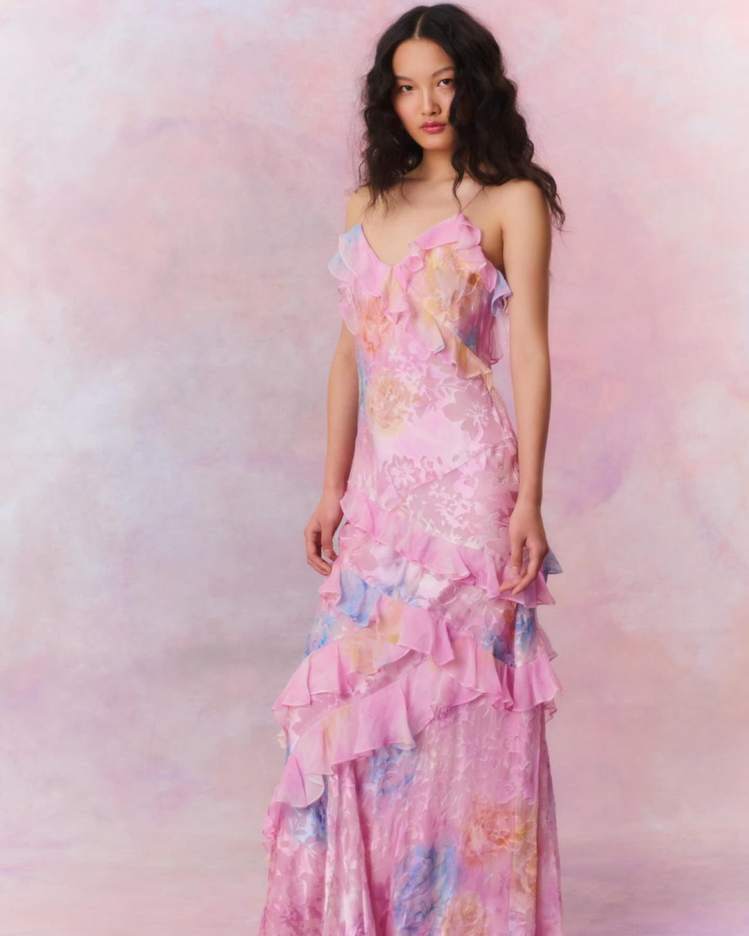 Levoire | Volants Dos Ouvert Bretelles Spaghetti Robe Maxi Robe D'Été Rosa