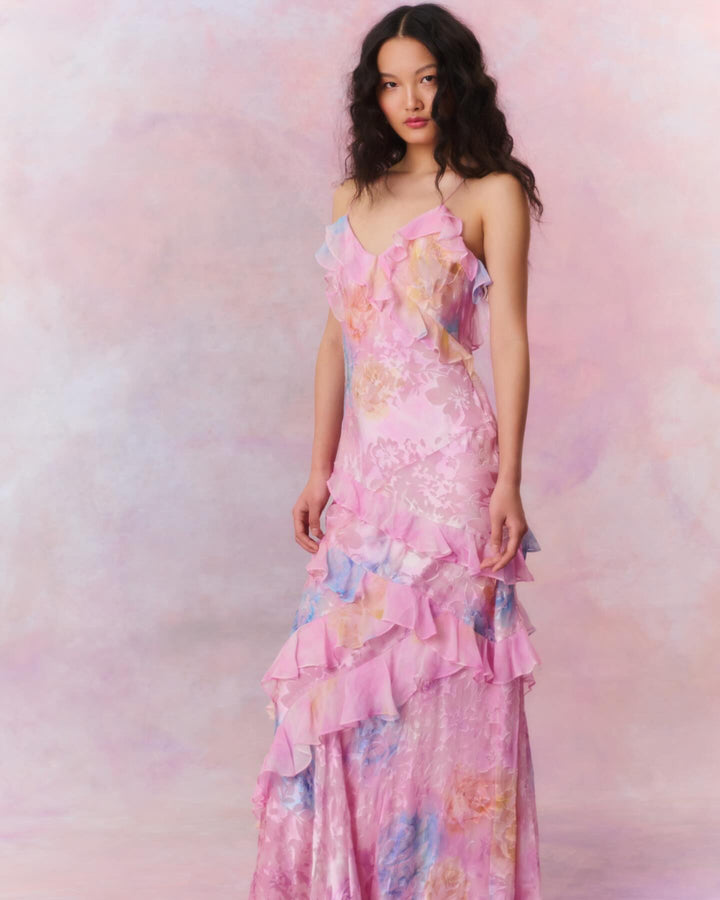 Levoire | Volants Dos Ouvert Bretelles Spaghetti Robe Maxi Robe D'Été Rosa