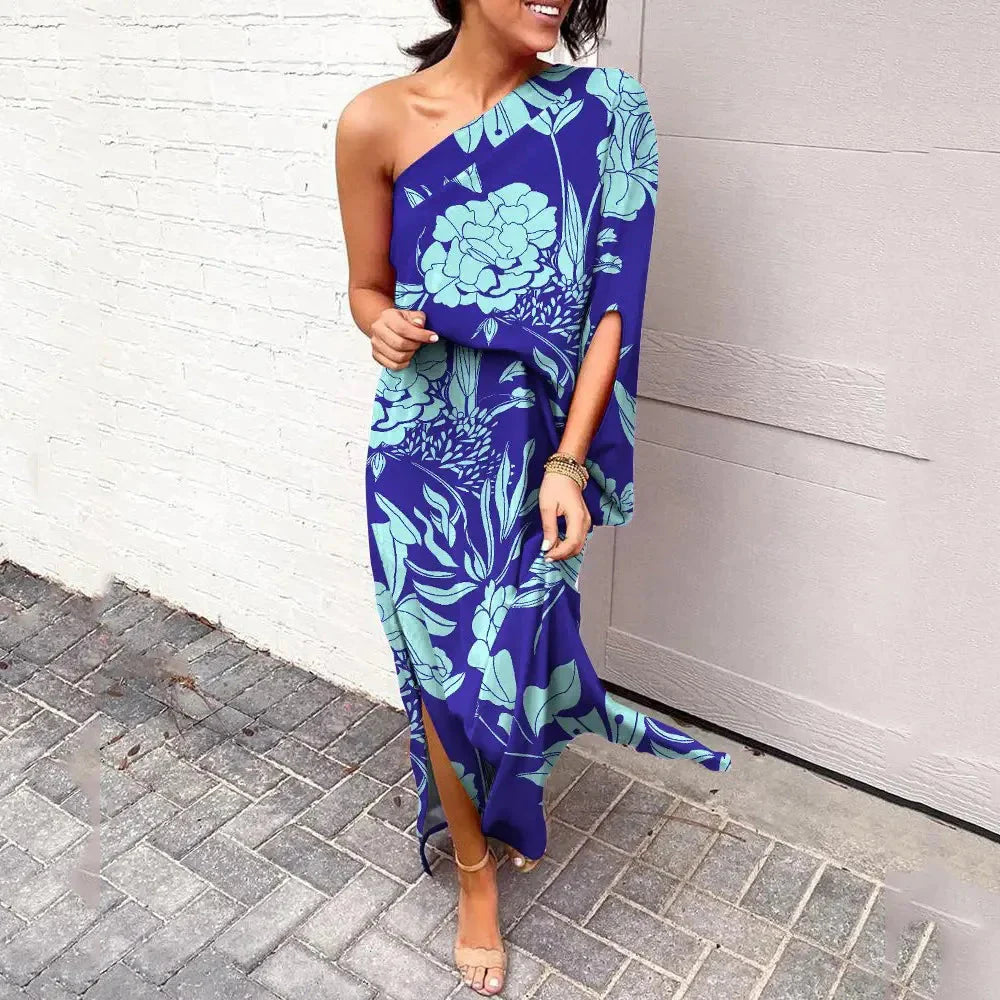 Levoire | Une Épaule Une Manche Fente Maxi Robe D'Été Bleu