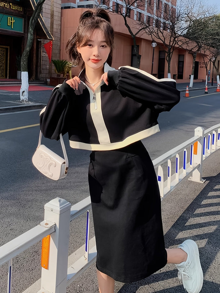 Levoire | Robe Sweat Élégante À Blocs De Couleurs Avec Manches Longues Noir