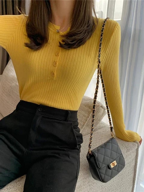 Levoire | Haut En Maille Classiquement Côtelée Avec Détail De Bouton Jaune Une taille