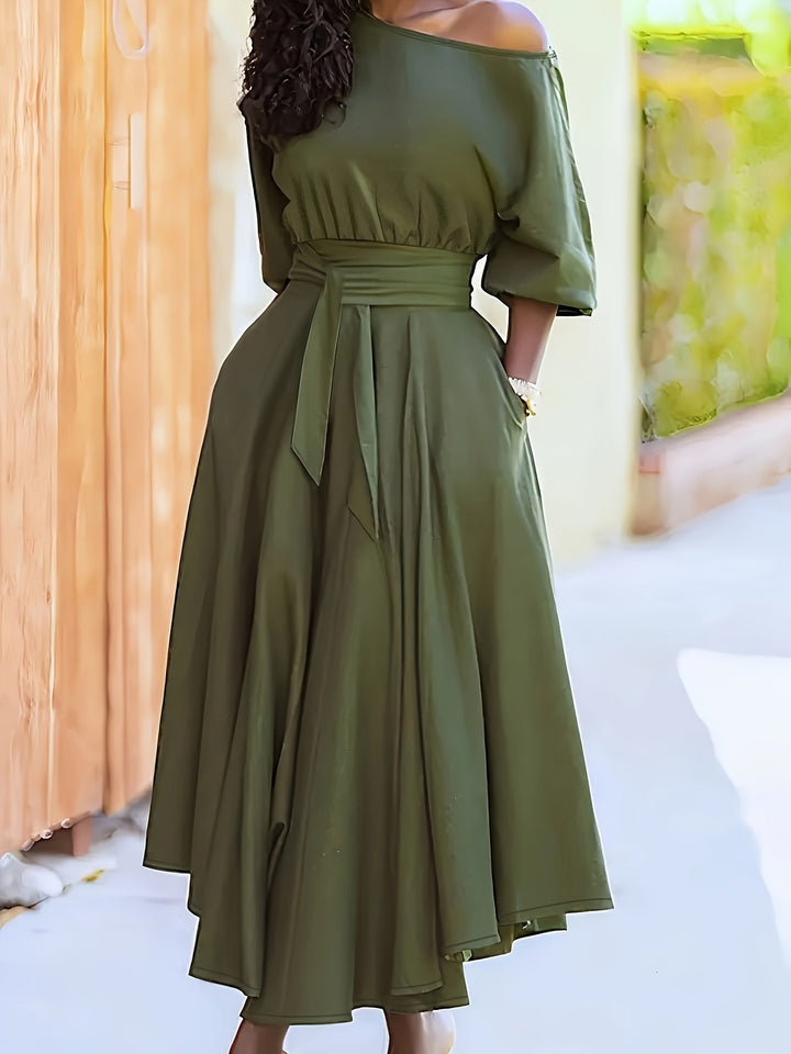 Levoire | Robe Midi Hors Épaule Avec Ceinture Et Ourlet Asymétrique