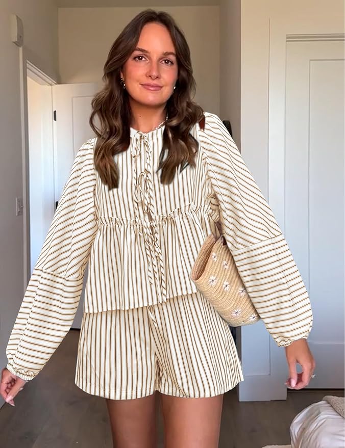 Levoire | Ensemble D'Été À Motifs Avec Manches Bouffantes Khaki