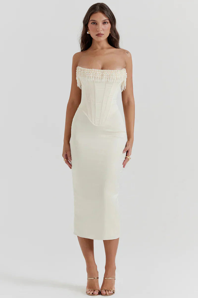 Levoire | Robe De Cocktail Midi Sans Bretelles En Satin Blanc