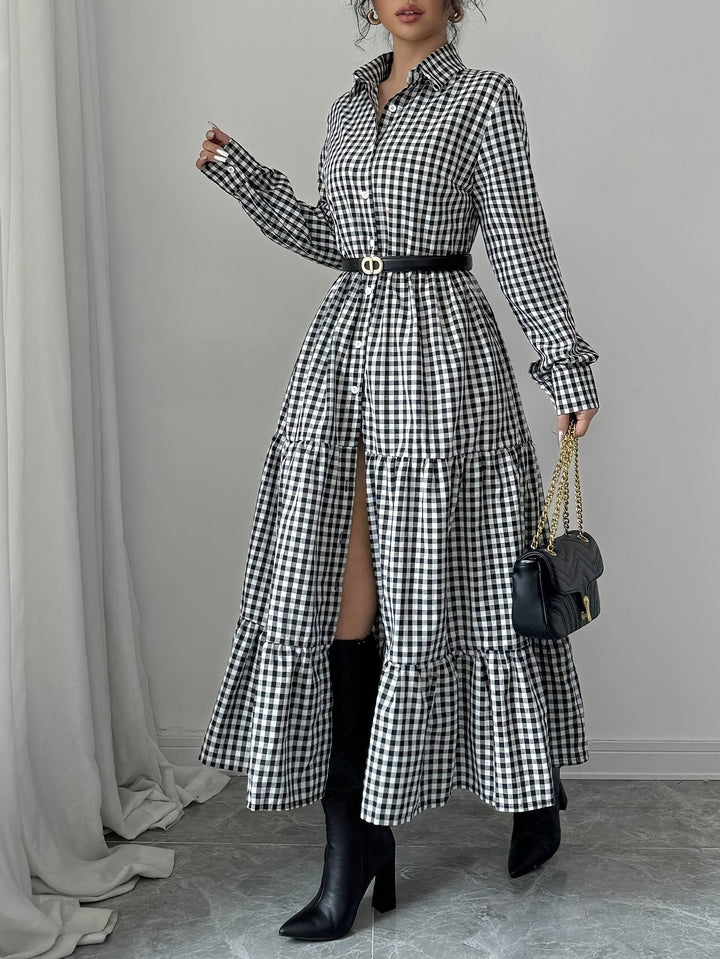 Levoire | Élégante Robe Chemise Maxi À Imprimé À Carreaux Avec Fermeture À Boutons