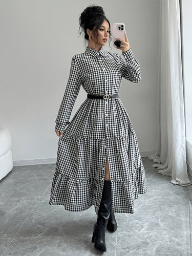 Levoire | Élégante Robe Chemise Maxi À Imprimé À Carreaux Avec Fermeture À Boutons