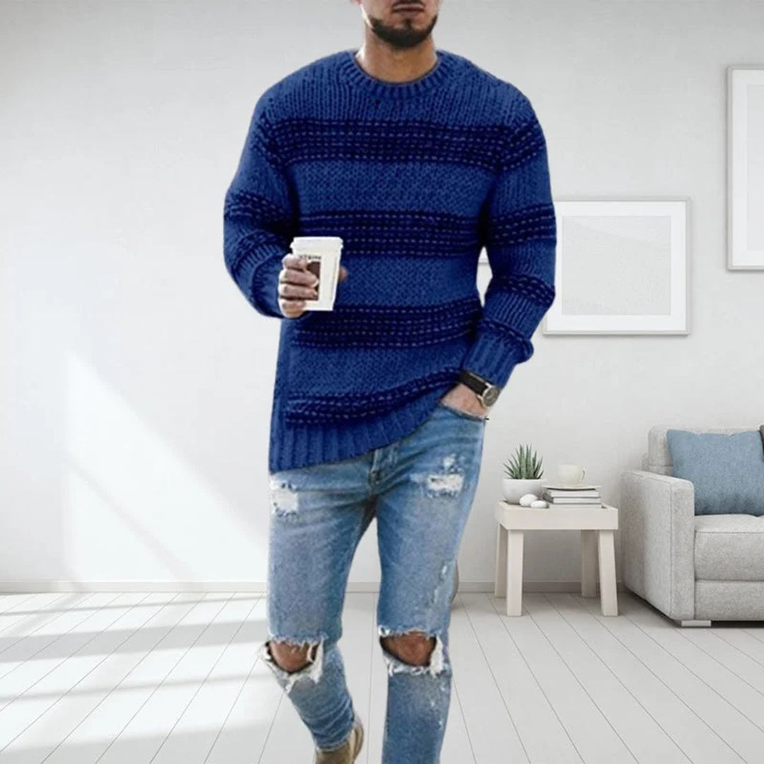 Levoire | Pull À Manches Longues Rayé Avec Col Rond Et Coupe Slim Bleu