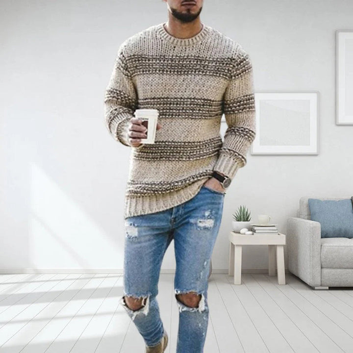 Levoire | Pull À Manches Longues Rayé Avec Col Rond Et Coupe Slim Khaki
