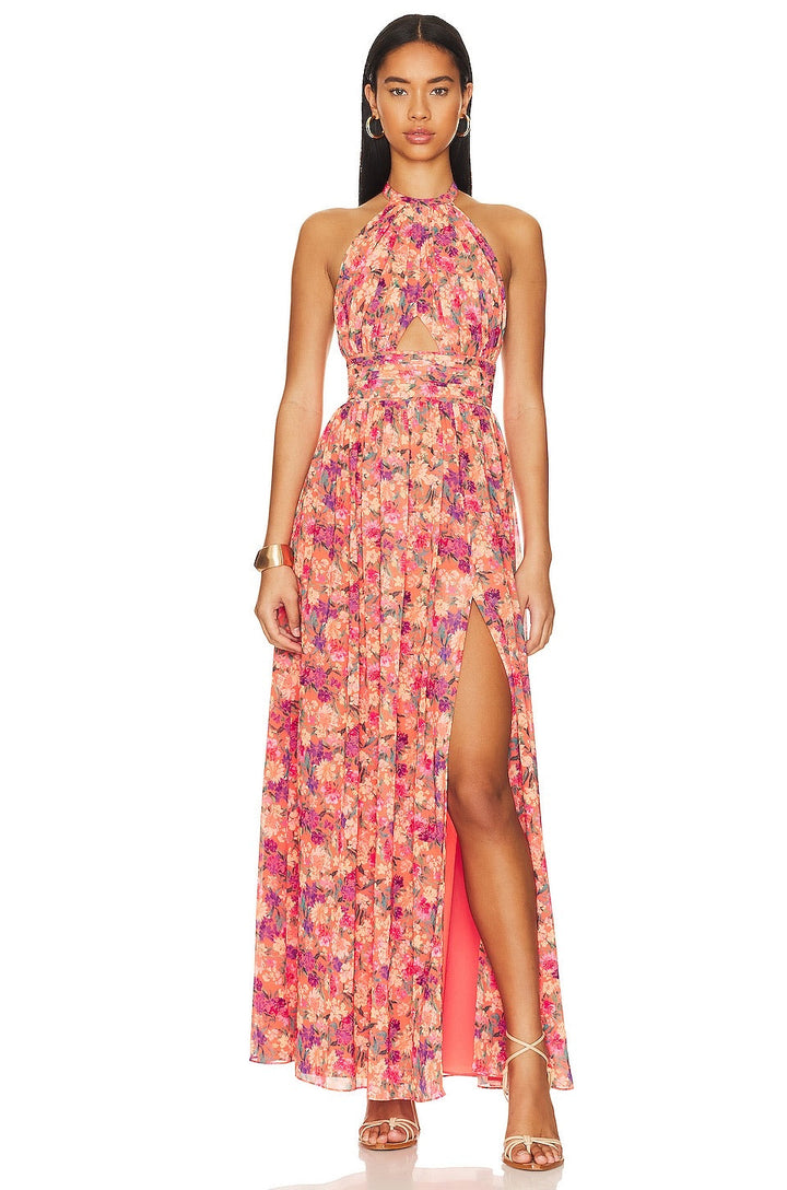 Levoire | Collier Croisé Dentelle Plissé Manches Maxi Robe Rosa