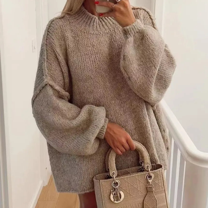Levoire | Pull Femme Avec Col Montant, Couture D'Épaule Tombante Et Manches Longues Khaki