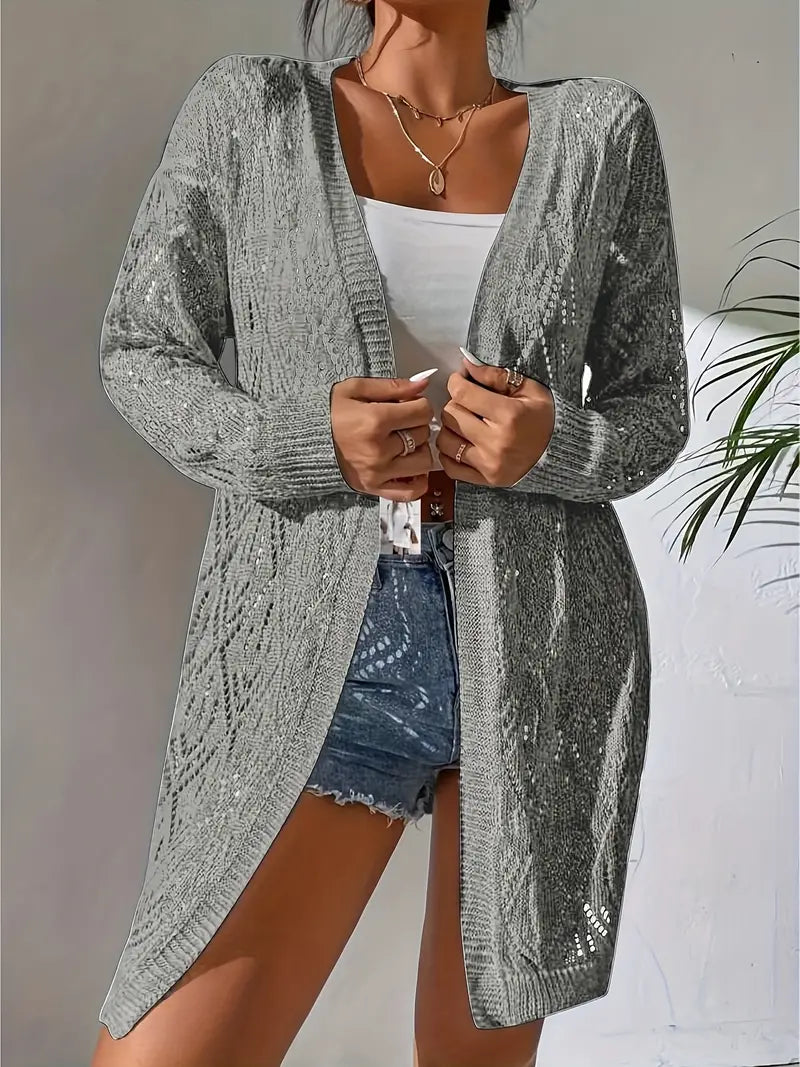 Levoire | Cardigan En Pointelle Tricoté Décontracté À Devant Ouvert – Design Long Gris