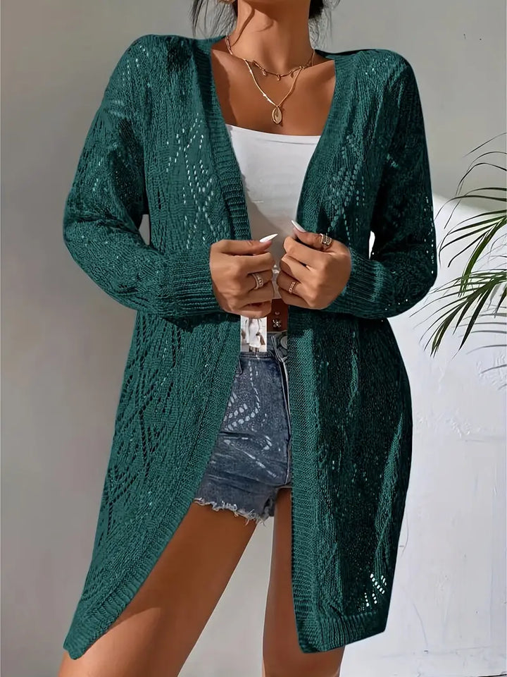 Levoire | Cardigan En Pointelle Tricoté Décontracté À Devant Ouvert – Design Long Vert foncé