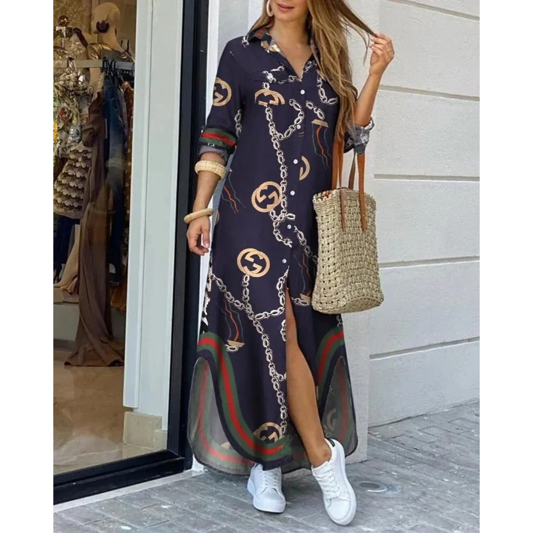 Levoire | Robe Chemisier Avec Impression En Couleur Unie Bleu foncé-rouge