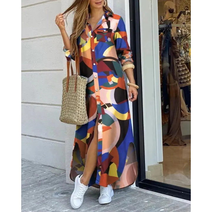 Levoire | Robe Chemisier Avec Impression En Couleur Unie Bleu-jaune