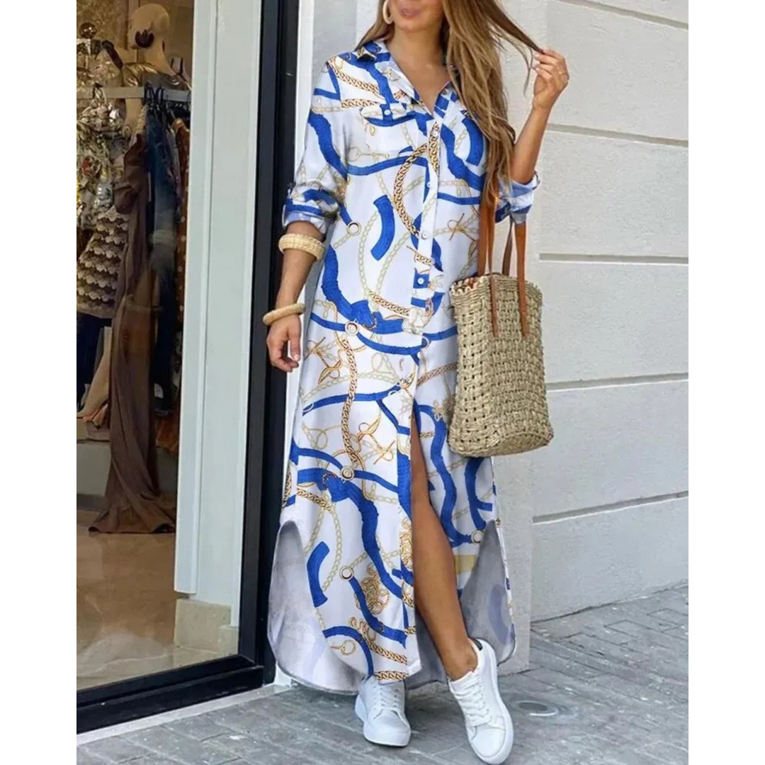 Levoire | Robe Chemisier Avec Impression En Couleur Unie Blanc-bleu