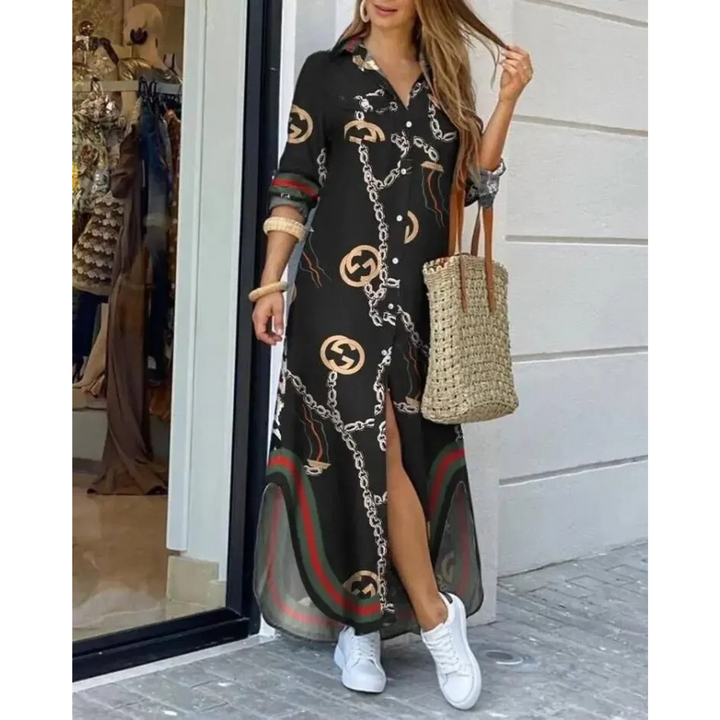 Levoire | Robe Chemisier Avec Impression En Couleur Unie Noir-rouge
