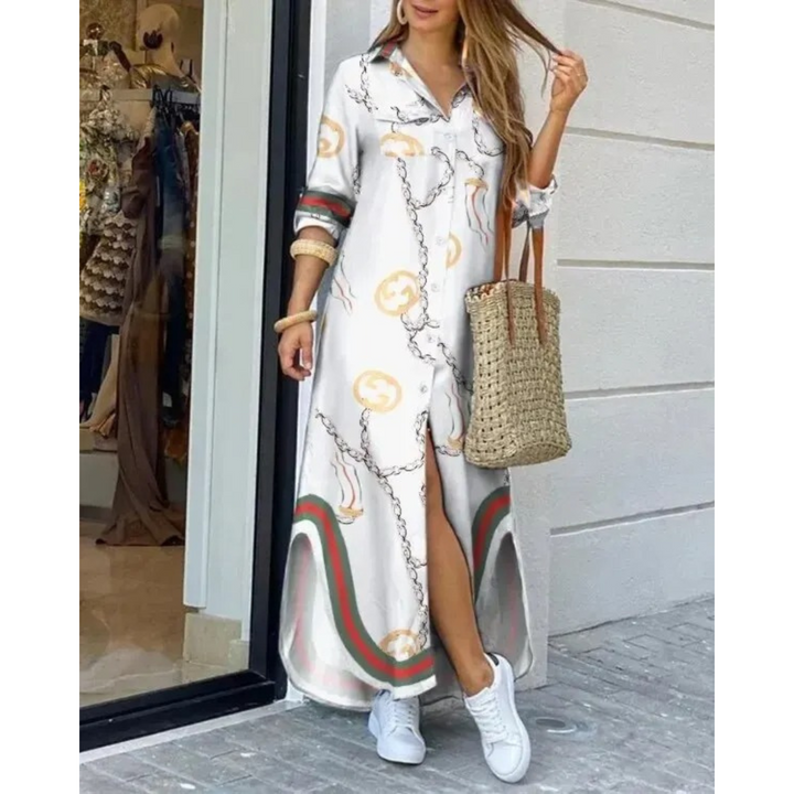 Levoire | Robe Chemisier Avec Impression En Couleur Unie Blanc-rouge