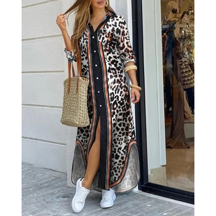 Levoire | Robe Chemisier Avec Impression En Couleur Unie Noir-brun
