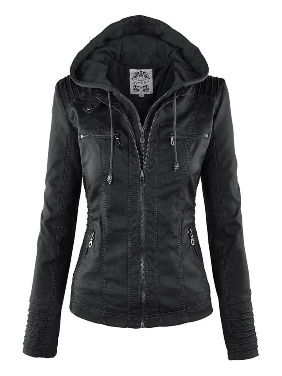 Levoire | Vêtements Femme Veste En Cuir Végan Avec Capuche Et Fermeture Éclair Noir