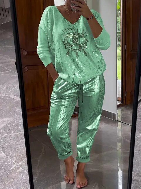 Levoire | Haut Brillant Et Pantalon Pour Femmes Vert