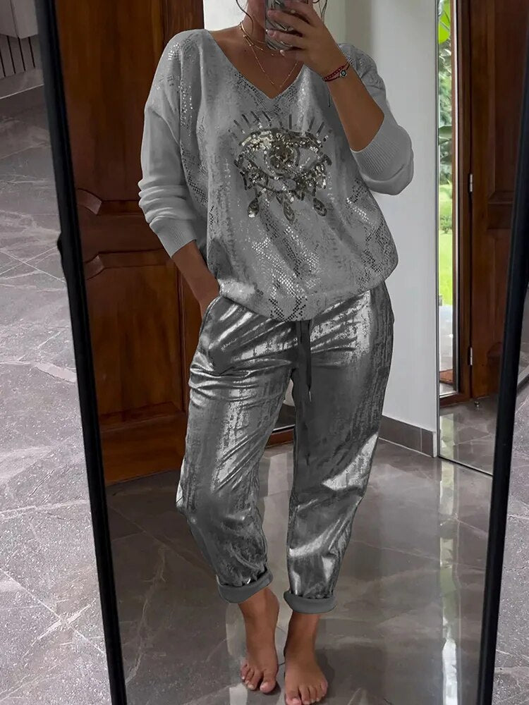 Levoire | Haut Brillant Et Pantalon Pour Femmes Gris