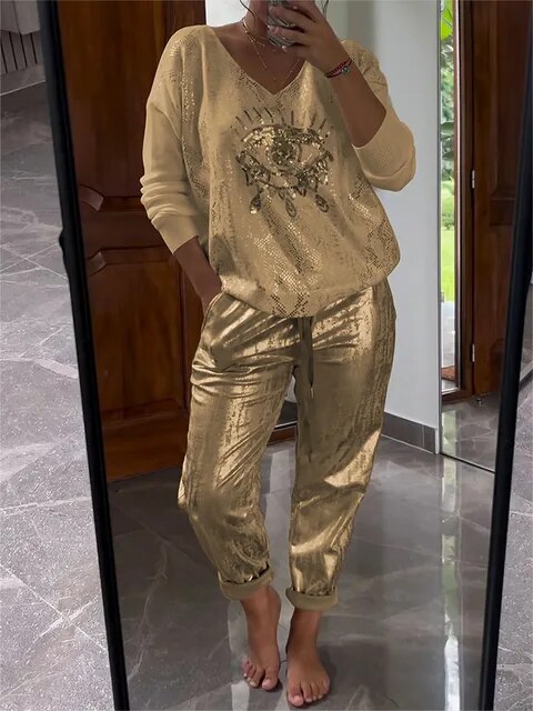 Levoire | Haut Brillant Et Pantalon Pour Femmes Or