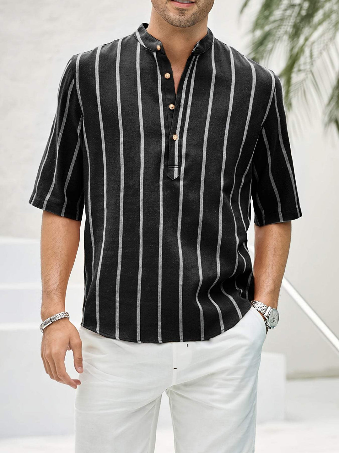 Levoire | Chemise De Loisirs Pour Hommes À Rayures Verticales Et Col Bande