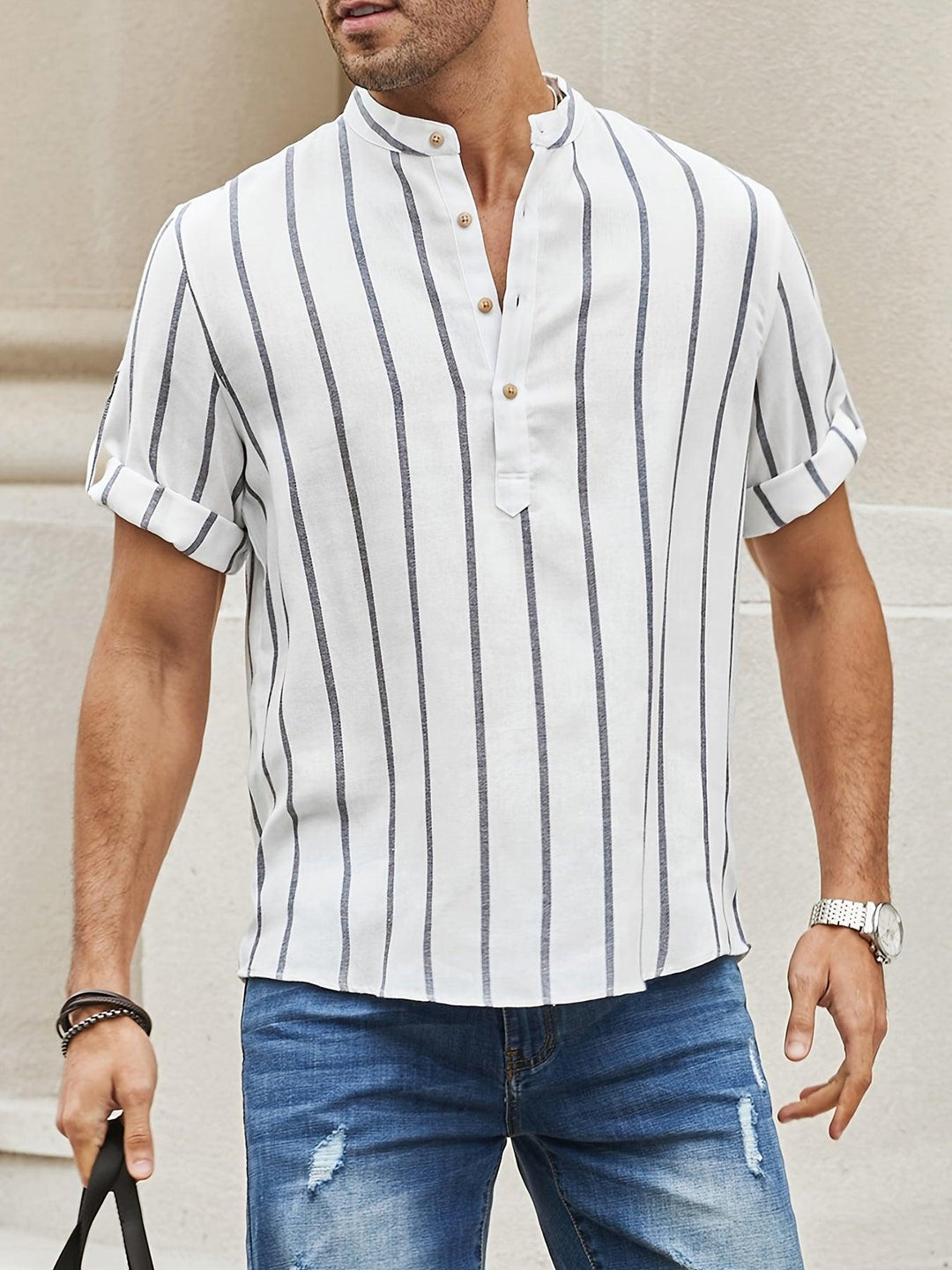 Levoire | Chemise De Loisirs Pour Hommes À Rayures Verticales Et Col Bande Blanc