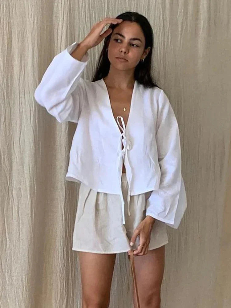 Levoire | Coton Bretelles Avant Blouse Top Avec Manches Longues