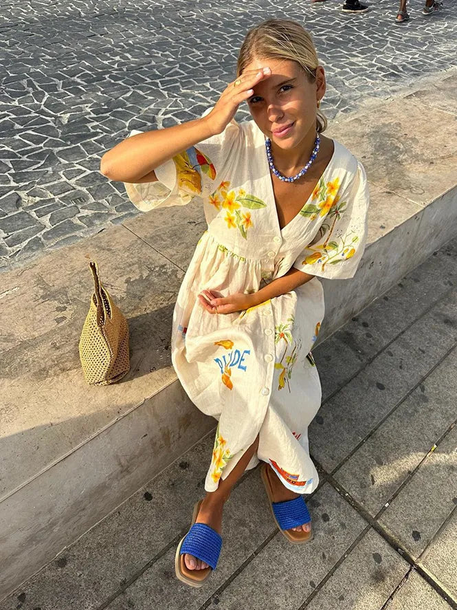 Levoire | Robe Boutonnée V-Décolleté Robe Midi Robe D'Été
