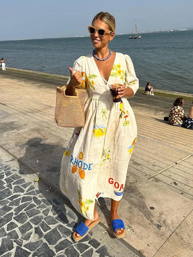 Levoire | Robe Boutonnée V-Décolleté Robe Midi Robe D'Été Robe