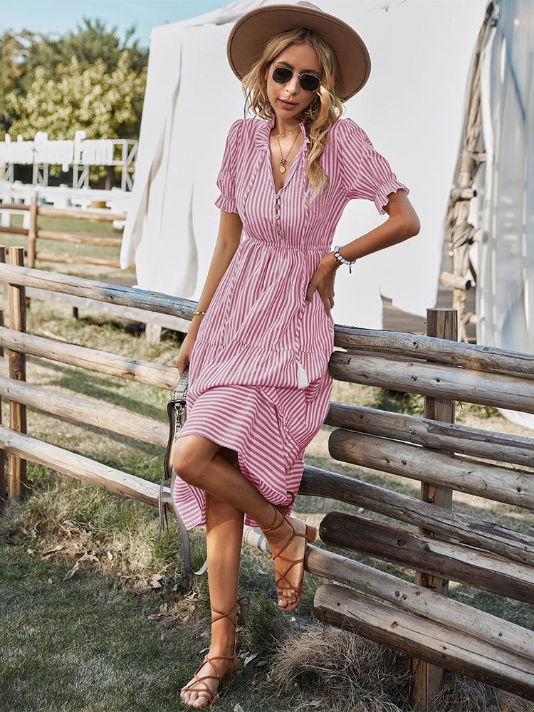 Levoire | Robe Midi Rayée Élégante Avec Des Boutons Rosa