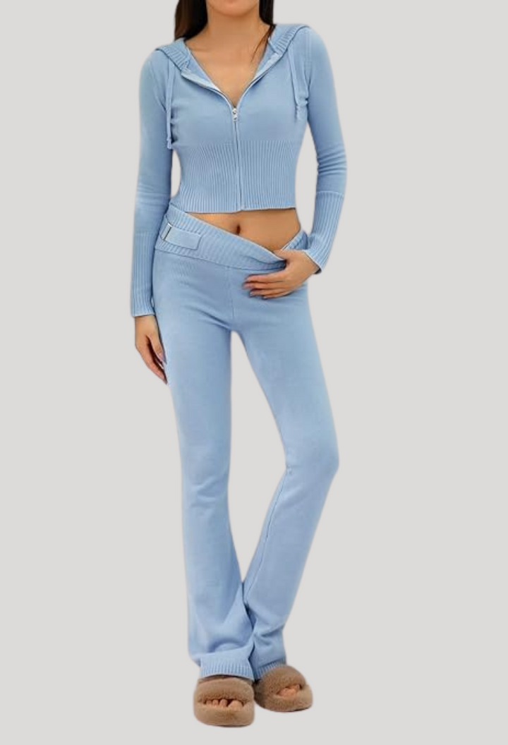 Levoire | Ensemble À Zip Avec Capuche En Tricot Deux Pièces Vêtements De Détente Femme Bleu