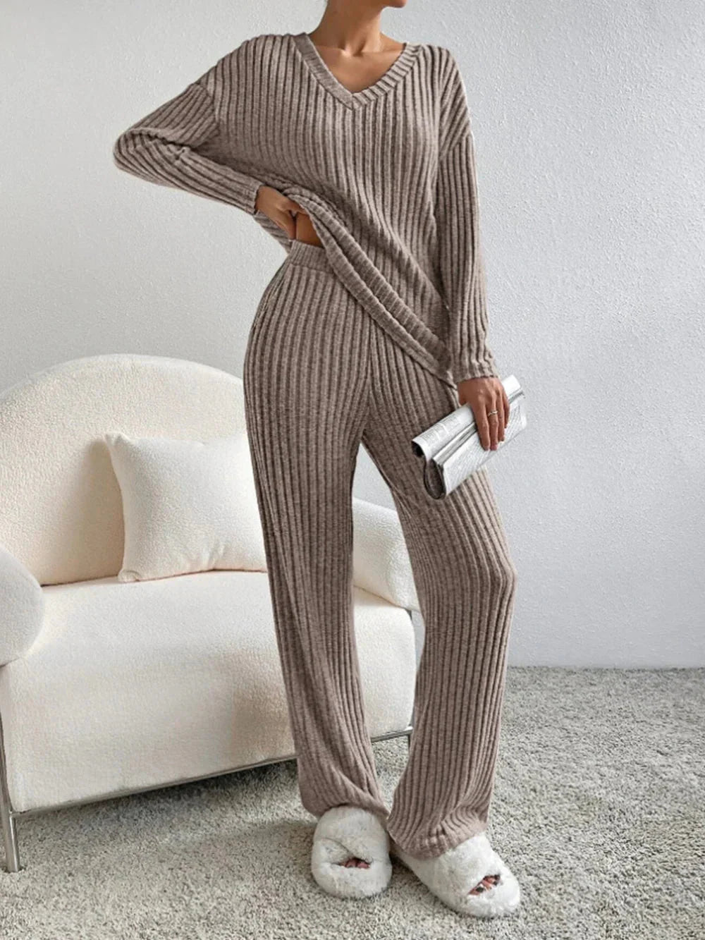 Levoire | Ensemble Rippé Manches Longues Vêtements De Détente Femme Vêtements Femme Khaki