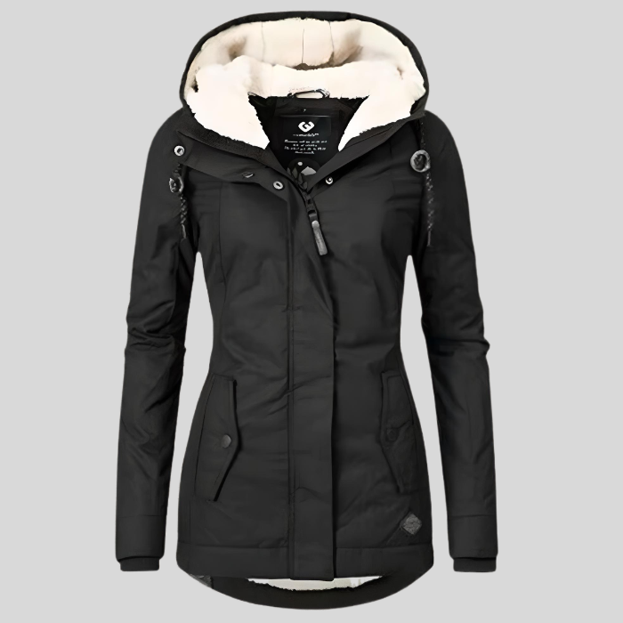 Manteau d'hiver à capuche mi-long ajusté et chaud pour femmes | Avriane