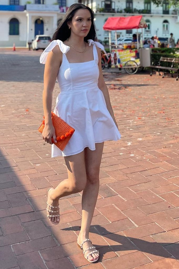 Levoire | Robe mini A-line à col carré avec des bretelles à nœuds Blanc Polyester