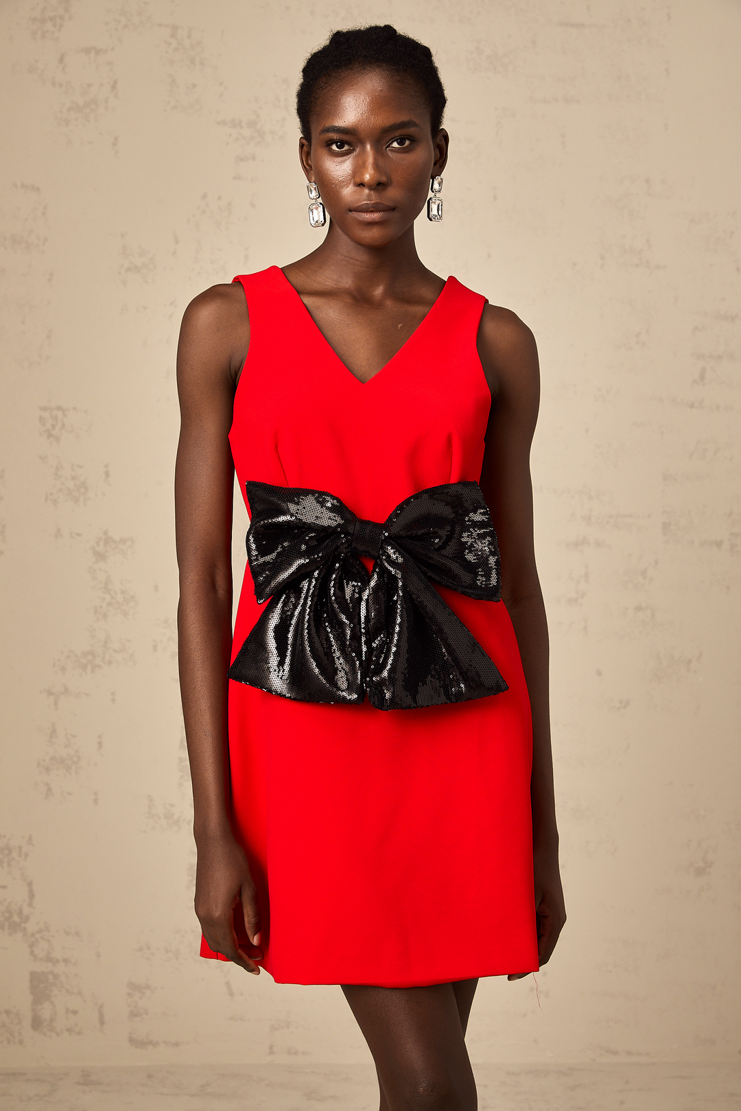 Levoire | V-Décolleté Paillettes Nœud Mini Robe Rouge