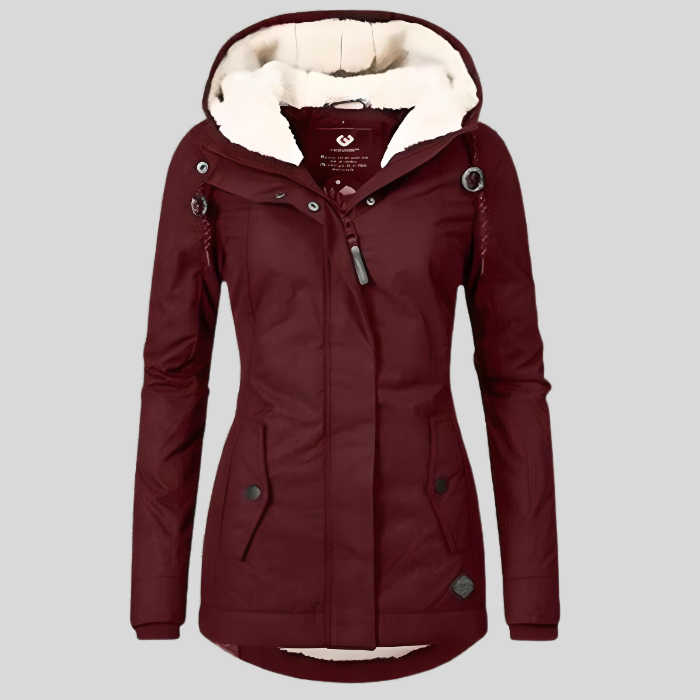 Manteau d'hiver à capuche mi-long ajusté et chaud pour femmes | Avriane
