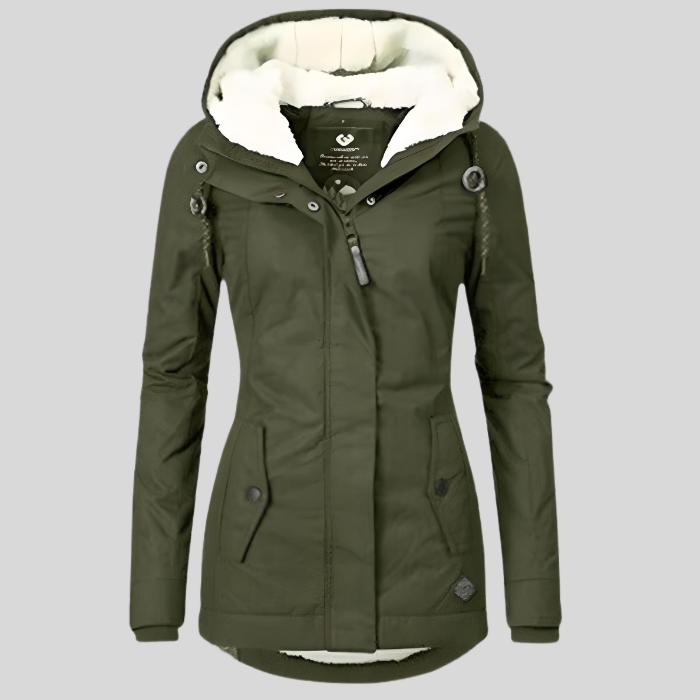 Manteau d'hiver à capuche mi-long ajusté et chaud pour femmes | Avriane