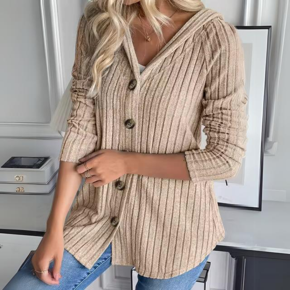 Levoire | Long Knitted Hooded Jacket With Warm Sleeves And Buttons Khaki