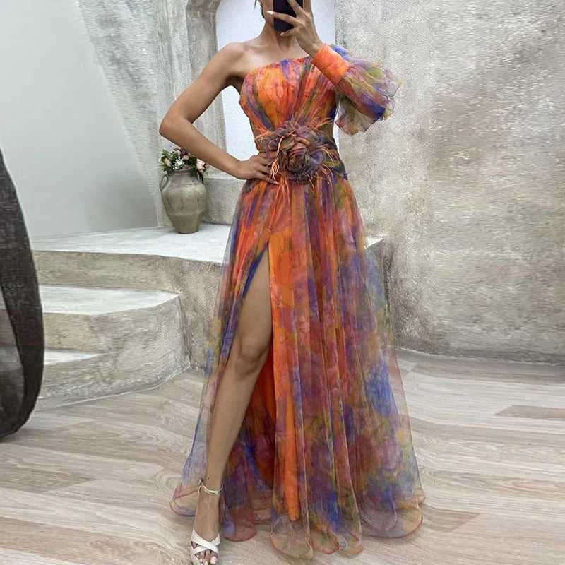 Levoire | Robe De Soirée Sans Épaules Pour Femmes Avec Imprimé Orange