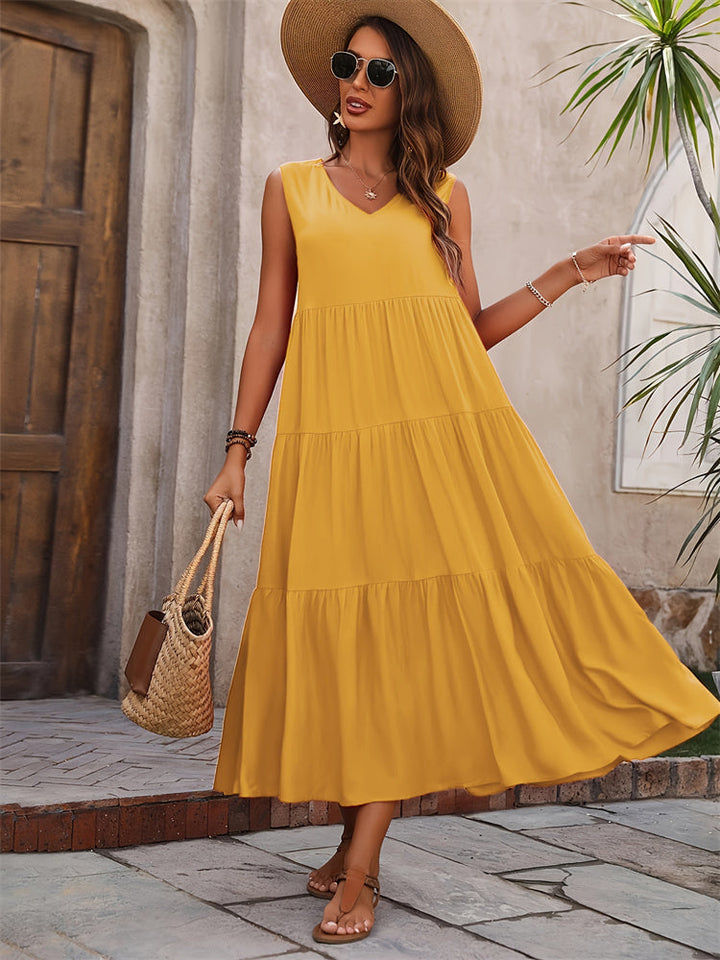 Levoire | Robe Maxi Décontractée D'Été Avec Décolleté En V Et Volants