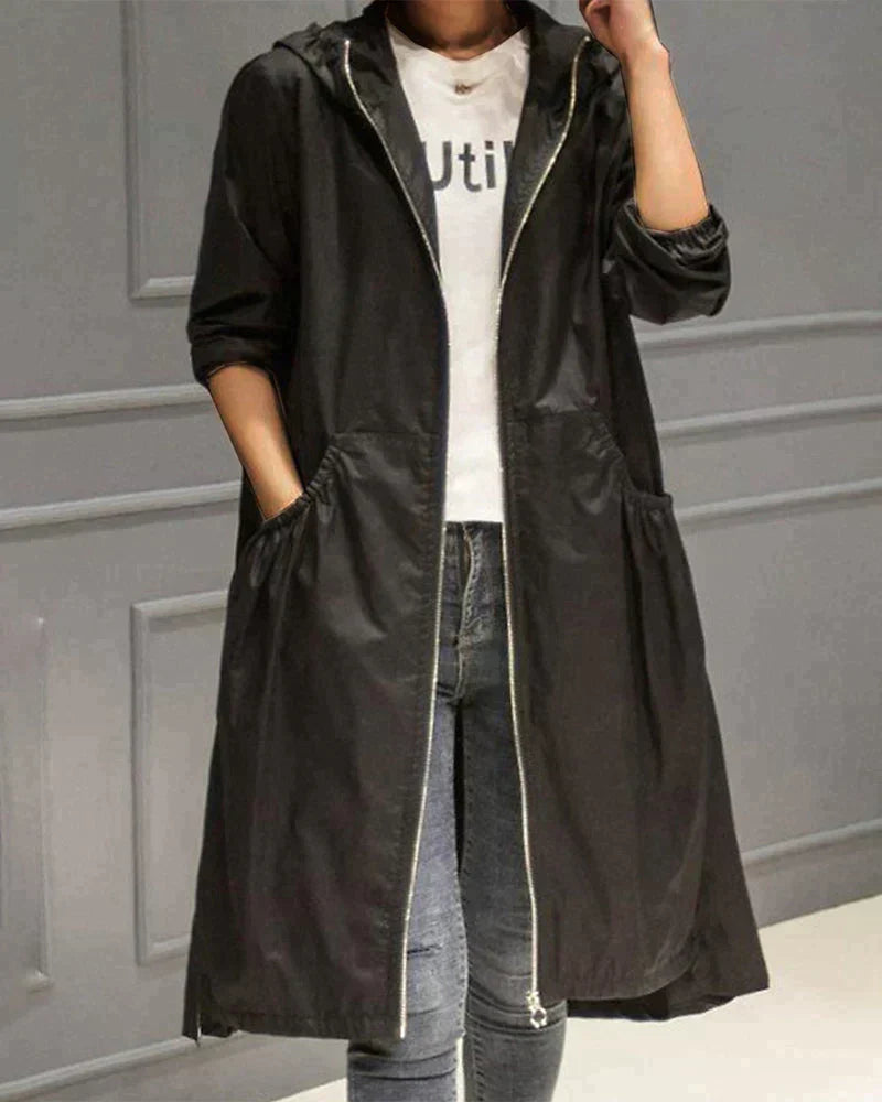 Levoire | Imperméable Long Élégant Avec Capuche Noir