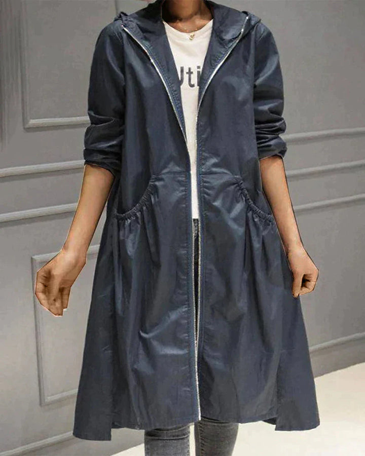 Levoire | Imperméable Long Élégant Avec Capuche Bleu foncé