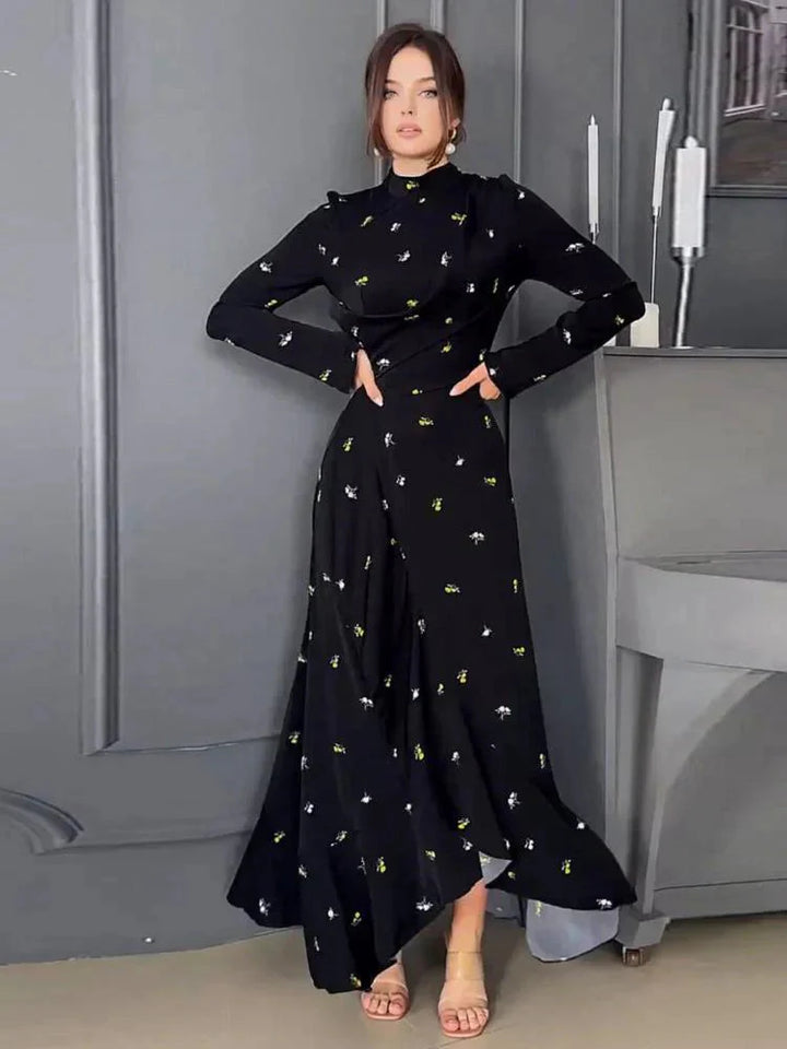 Levoire | Robe À Col Montant Élégant Avec Manches Longues Robe Longue Noir