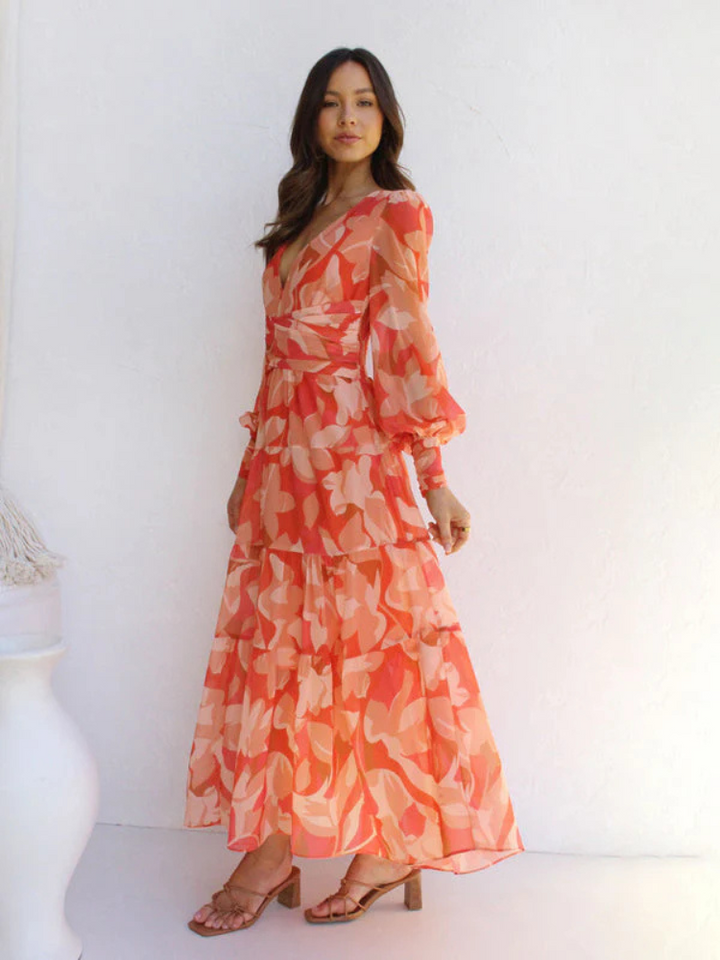 Levoire | Robe Manches Longues Col V Robe Fluide Robe À Fleurs Orange