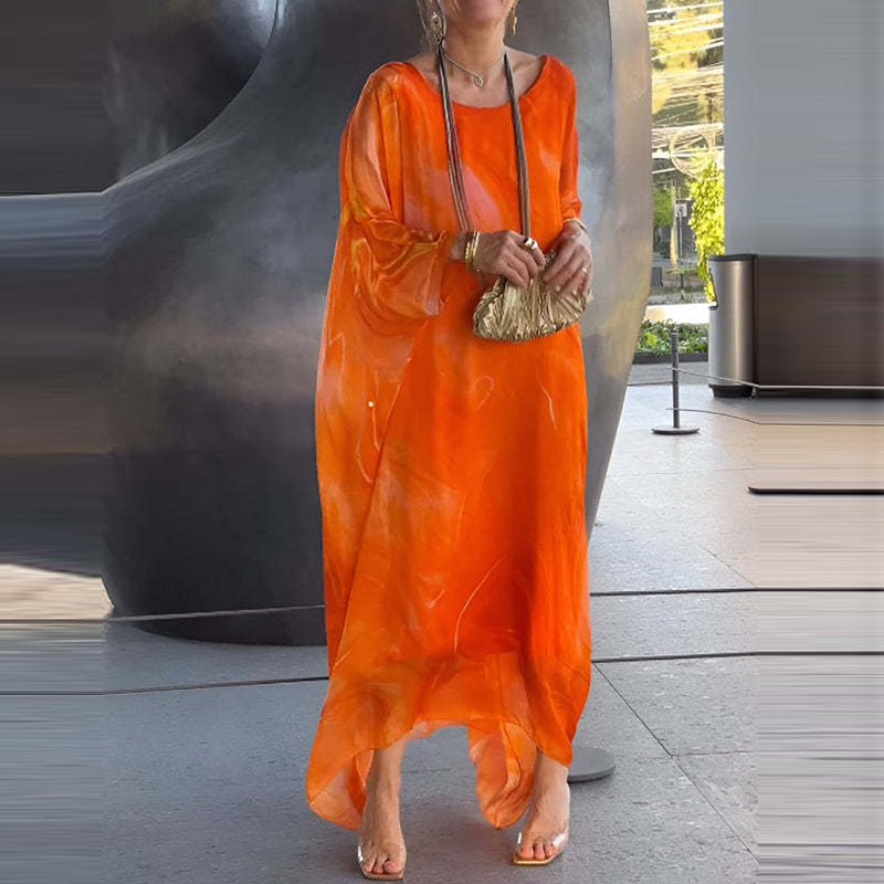 Levoire | Robe À Manches Longues En Impression Marbre Modèle Décontracté Orange Rouge