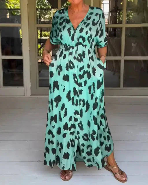 Levoire | Motif Léopard Robe D'Été À Manches Courtes Robes Longues Vert
