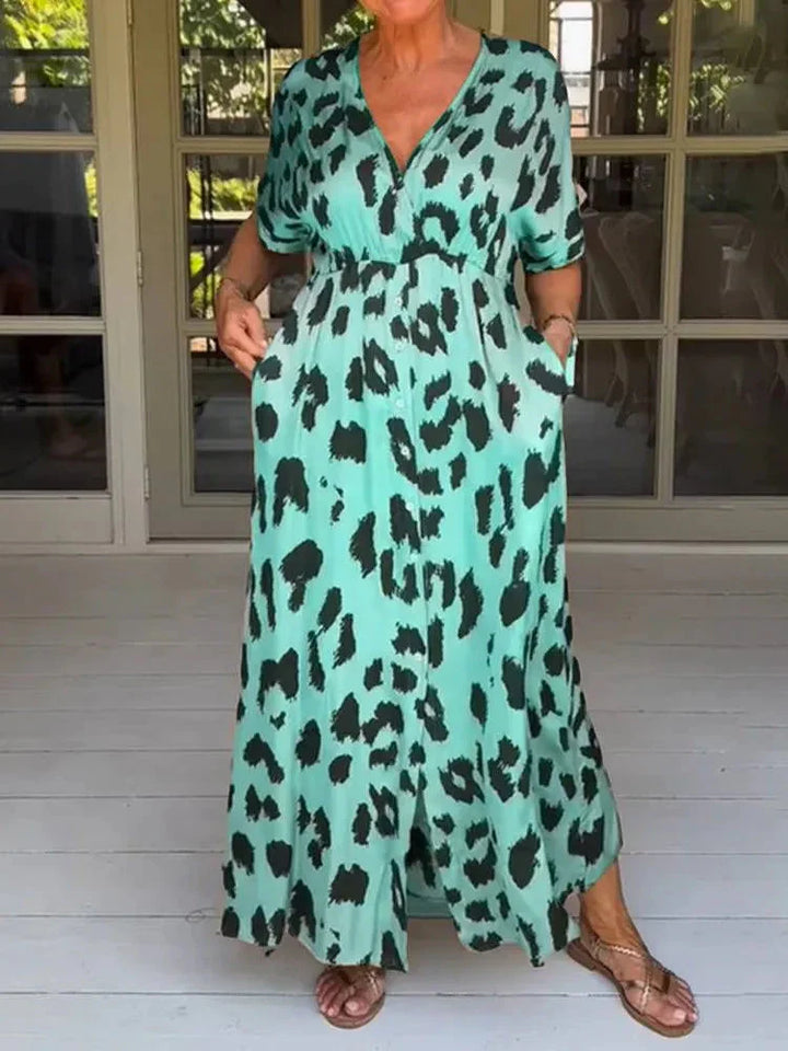 Levoire | Motif Léopard Robe D'Été À Manches Courtes Robes Longues