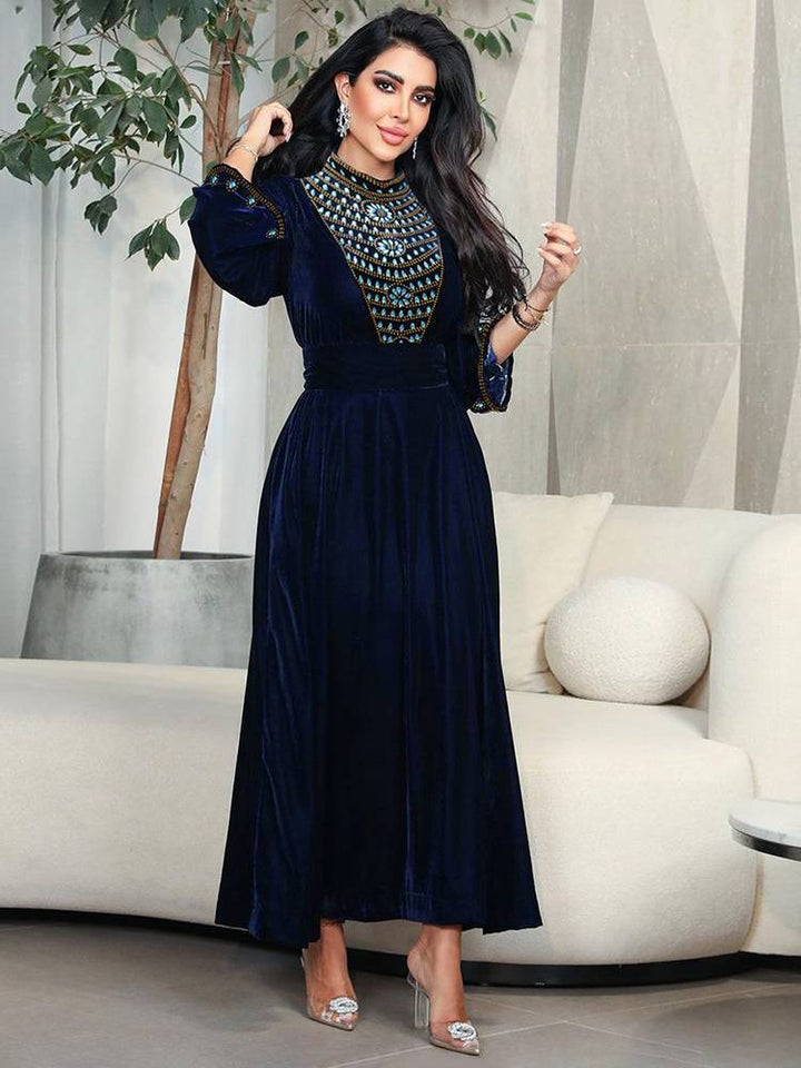Levoire | Robe Col Montant Bleu Robe Élégante Robe À Manches Longues